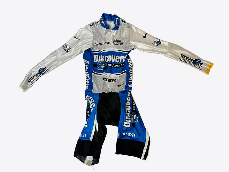 Cycling suit with various sponsor logos on a white background