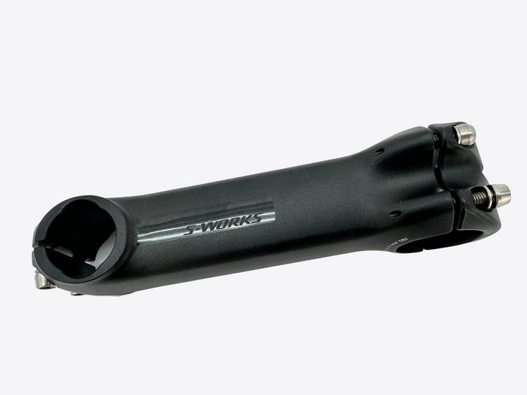 Black bicycle stem with 'S-Works' branding on a white background
