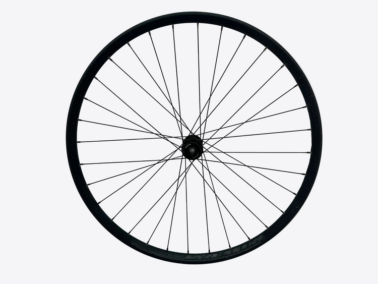Black bicycle wheel on a white background