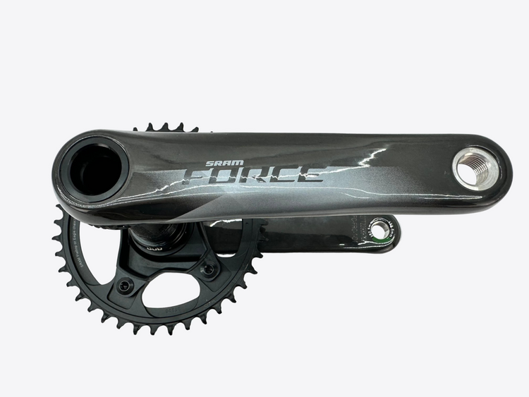 Bicycle crankset with SRAM branding on a white background