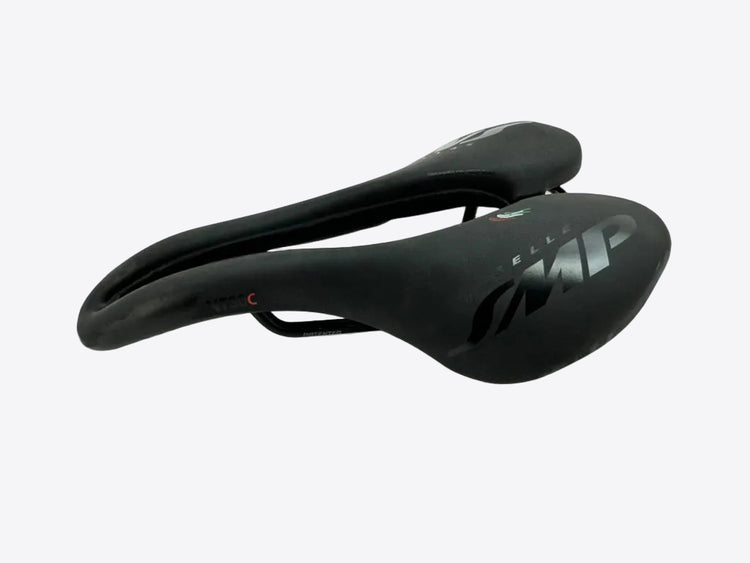 Black bicycle saddle on a white background