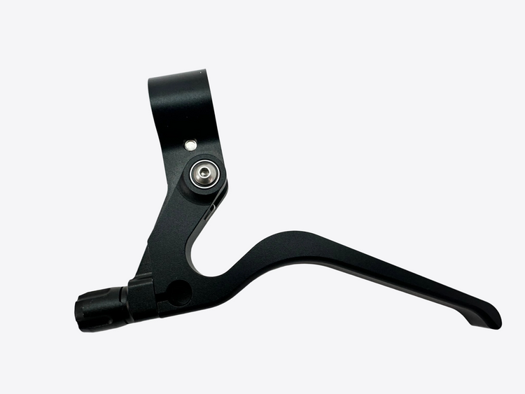 A black metal bicycle brake lever with a silver adjustment screw, photographed on a light gray textured surface.