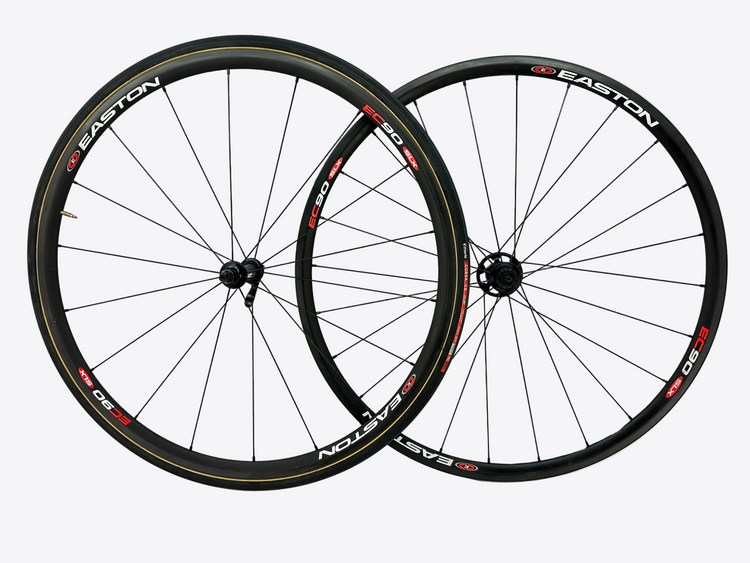 Two bicycle wheels with Easton branding on a white background
