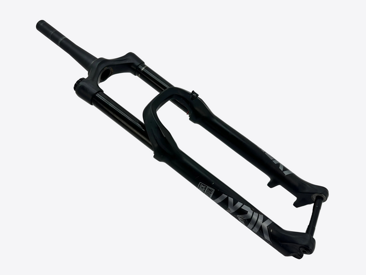 Black mountain bike fork on a white background