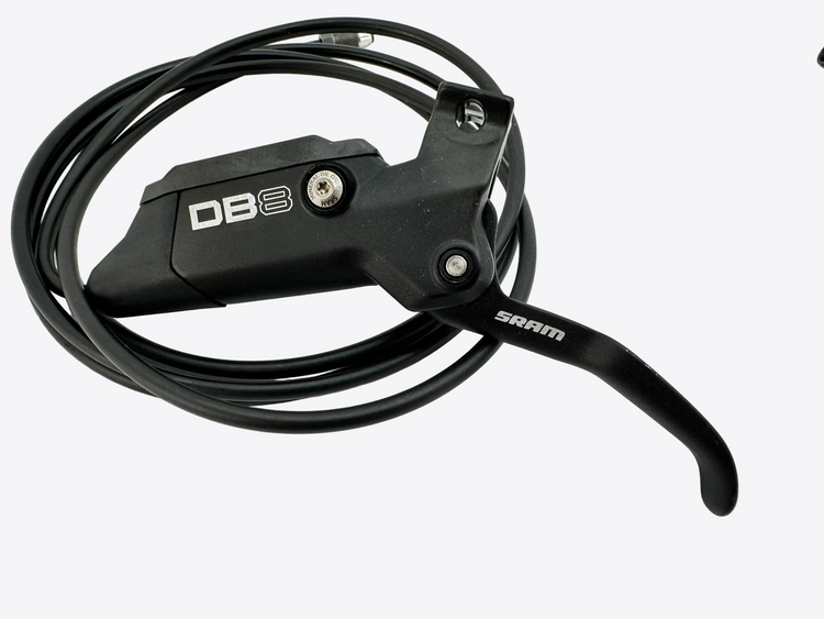 Black bicycle brake lever with cable on a white background
