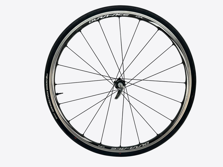 Bicycle wheel with Shimano Dura-Ace branding on a white background