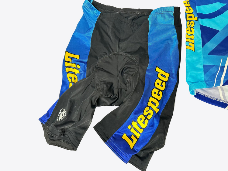 Black and blue cycling shorts with 'Litespeed' branding on a light background