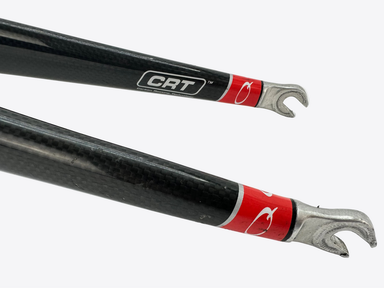 Carbon fiber bike forks with CRT branding on a white background