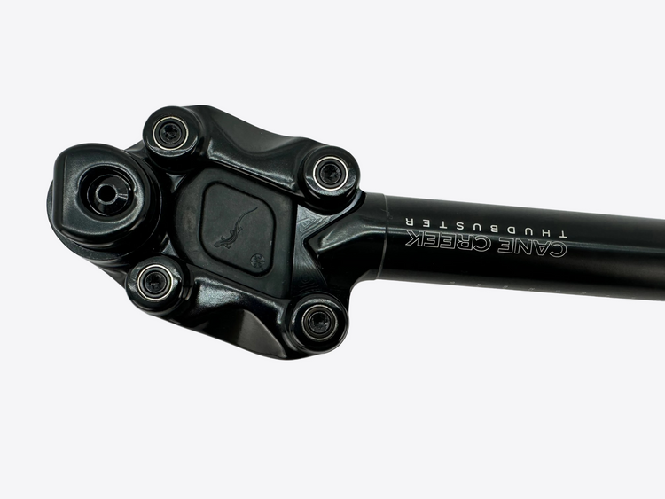 A black Cane Creek Thudbuster bicycle seatpost photographed on a light gray surface.