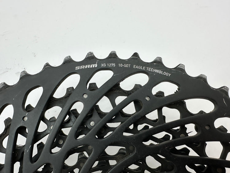 Close-up of a SRAM bicycle chainring on a white background