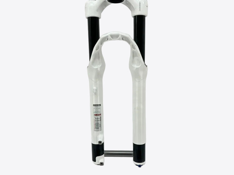 Bicycle fork with black and white design on a gray background