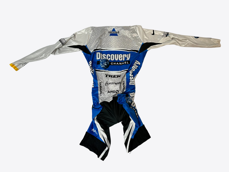 bike racing suit with visible branding on a white background