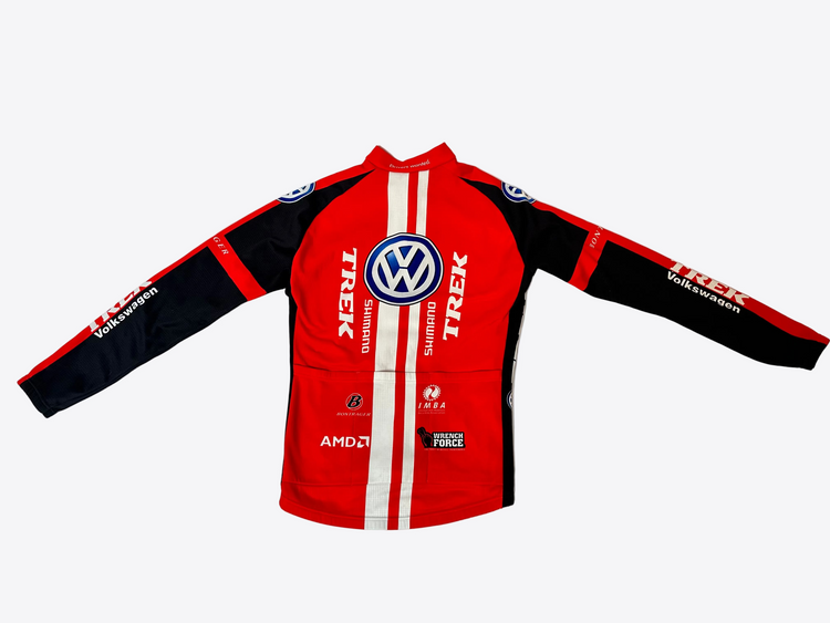Red and black cycling jersey with various brand logos on a white background