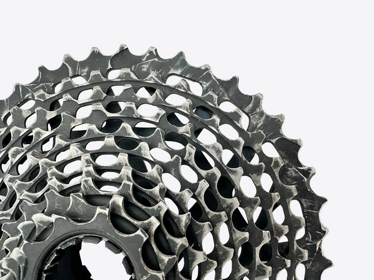 Close-up of a bicycle gear cassette on a light gray background