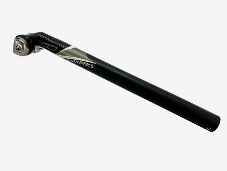 Black bicycle seat post with 'Specialized' branding on a white background
