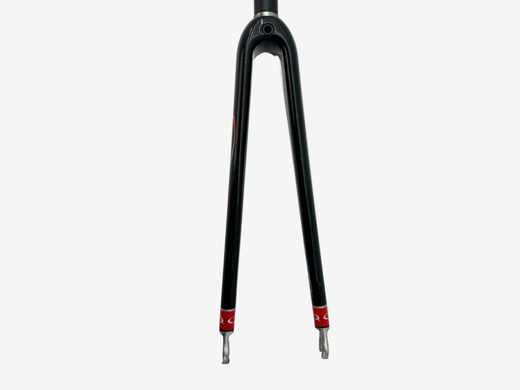 Black bicycle fork with red accents on a white background