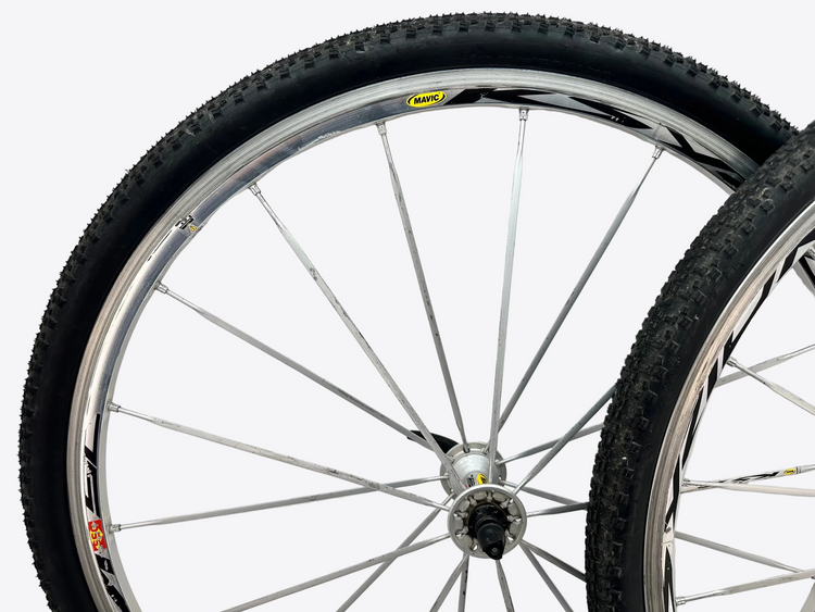 Close-up of a bicycle wheel with a white background