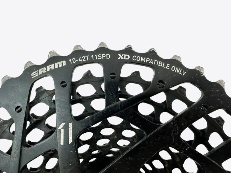 Close-up of a Sram bicycle gear cassette on a white background