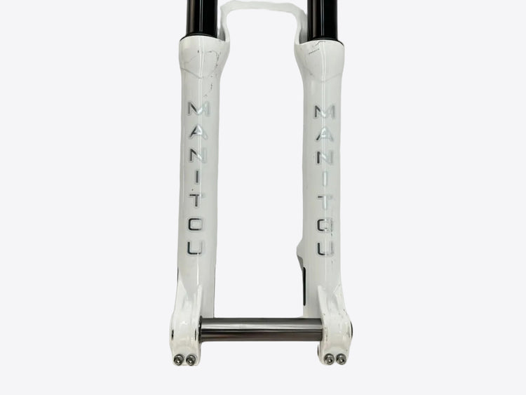 Bicycle forks with 'Manitou' branding on a white background