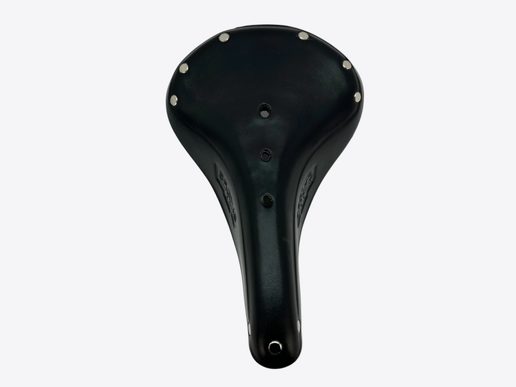 Black bicycle seat with silver studs on a white background