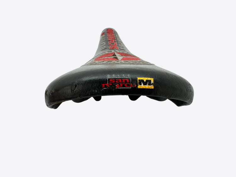 Bicycle saddle with visible branding on a white background