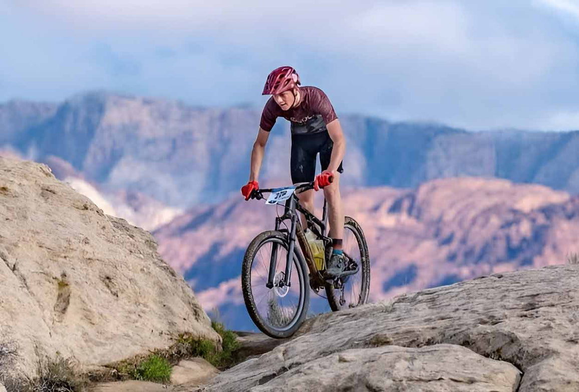 St. George mechanic Isaac Lloyd competing in a mountain bike race.
