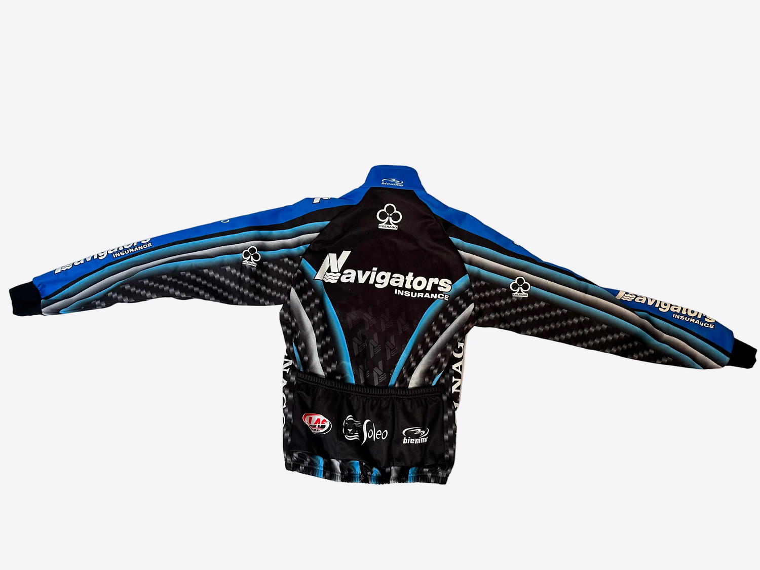 Black and blue racing suit with visible branding on a textured white background
