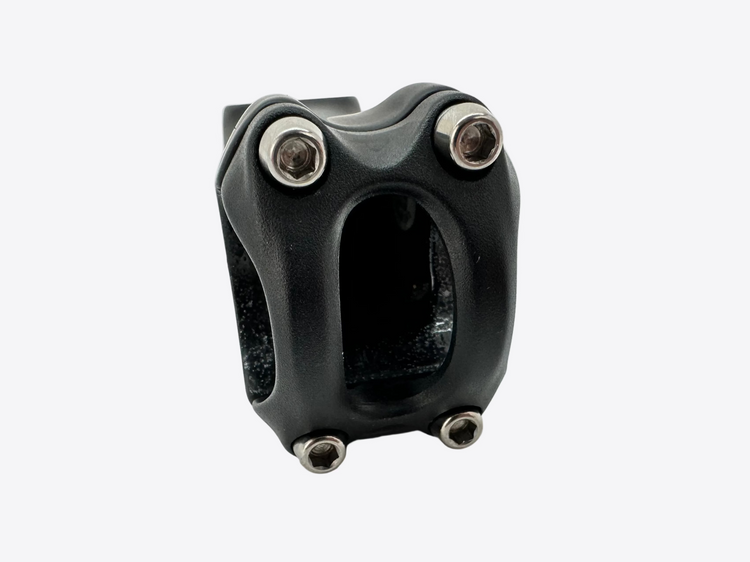 Black bike stem with four bolts on a white background