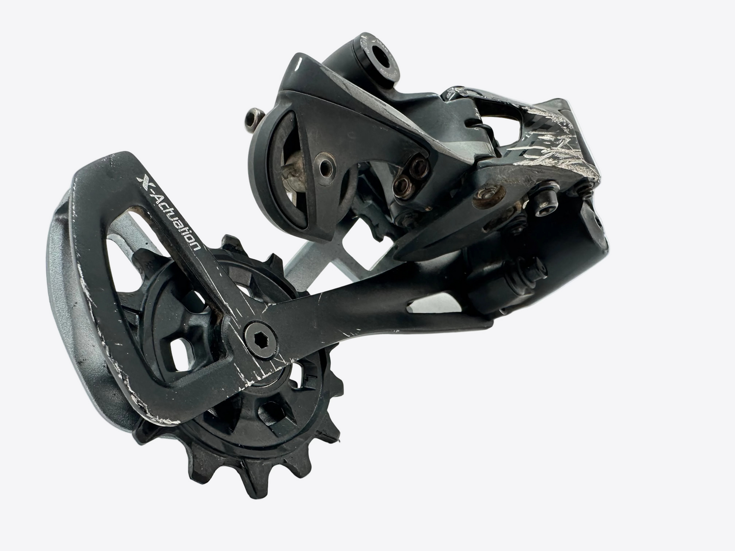 Close-up of a bicycle gear system on a white background