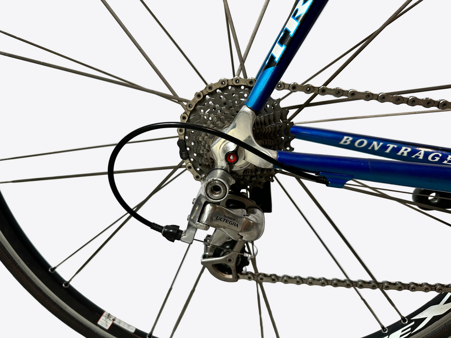 Close-up of a bicycle wheel with 'Bontrager' branding on a white background