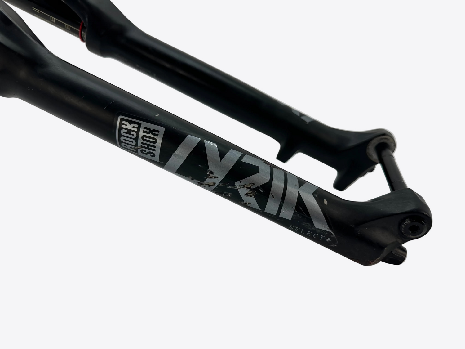 Black bicycle fork with 'Rock Shox' branding on a white background