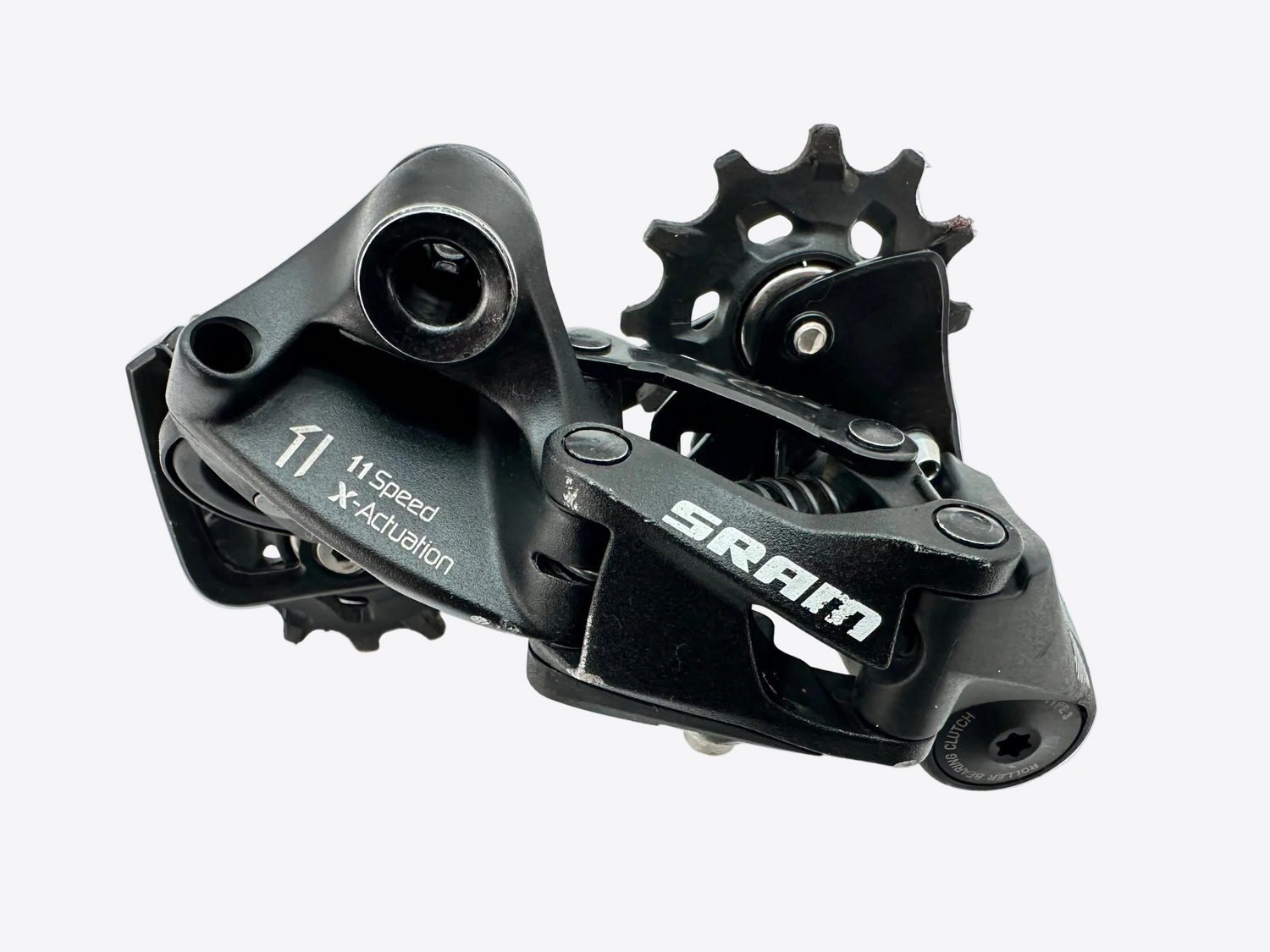 Black Sram bicycle gear mechanism on a white background