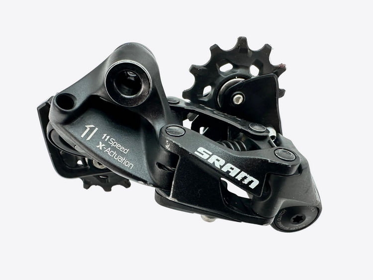 Black Sram bicycle gear mechanism on a white background
