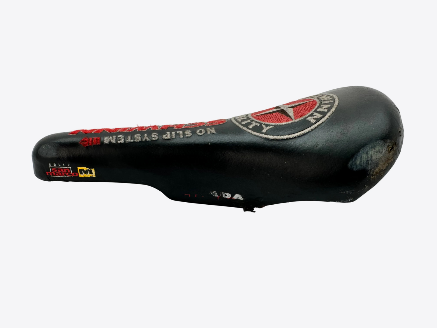 Bicycle seat with brand logo on a white background