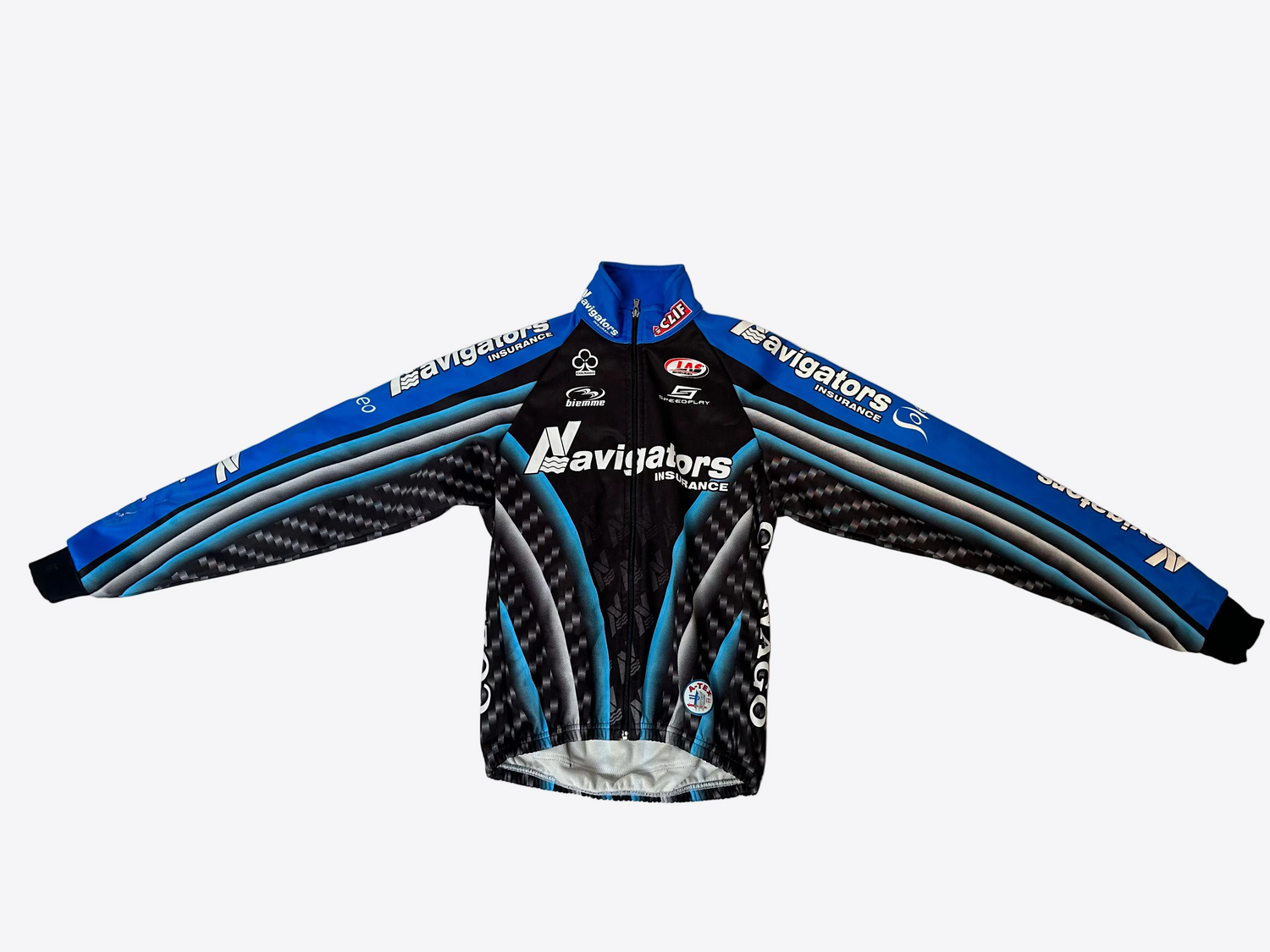 Blue and black cycling jersey with 'Navigators' branding on a white background