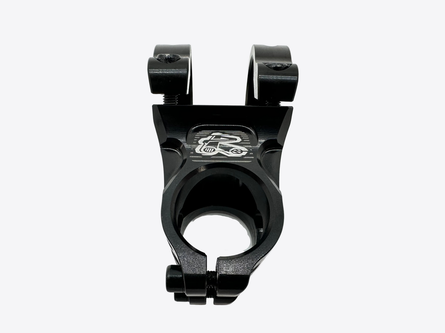 Black metal mounting bracket with a logo on a white background