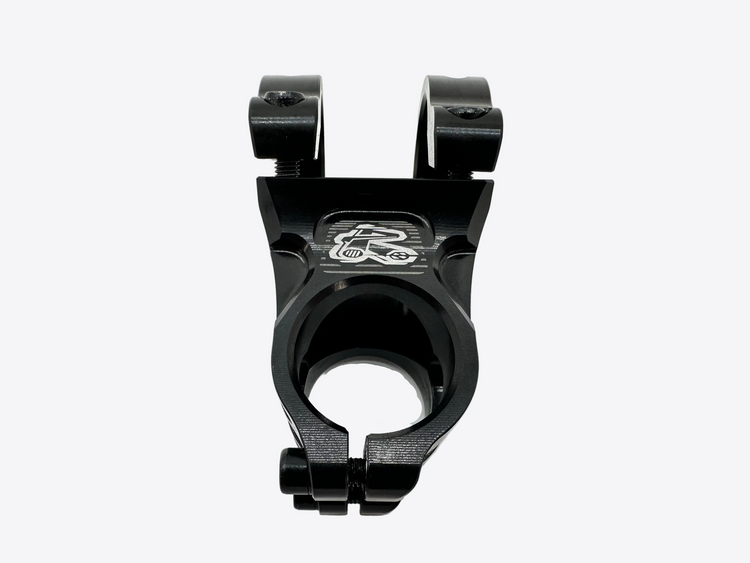 Black metal mounting bracket with a logo on a white background