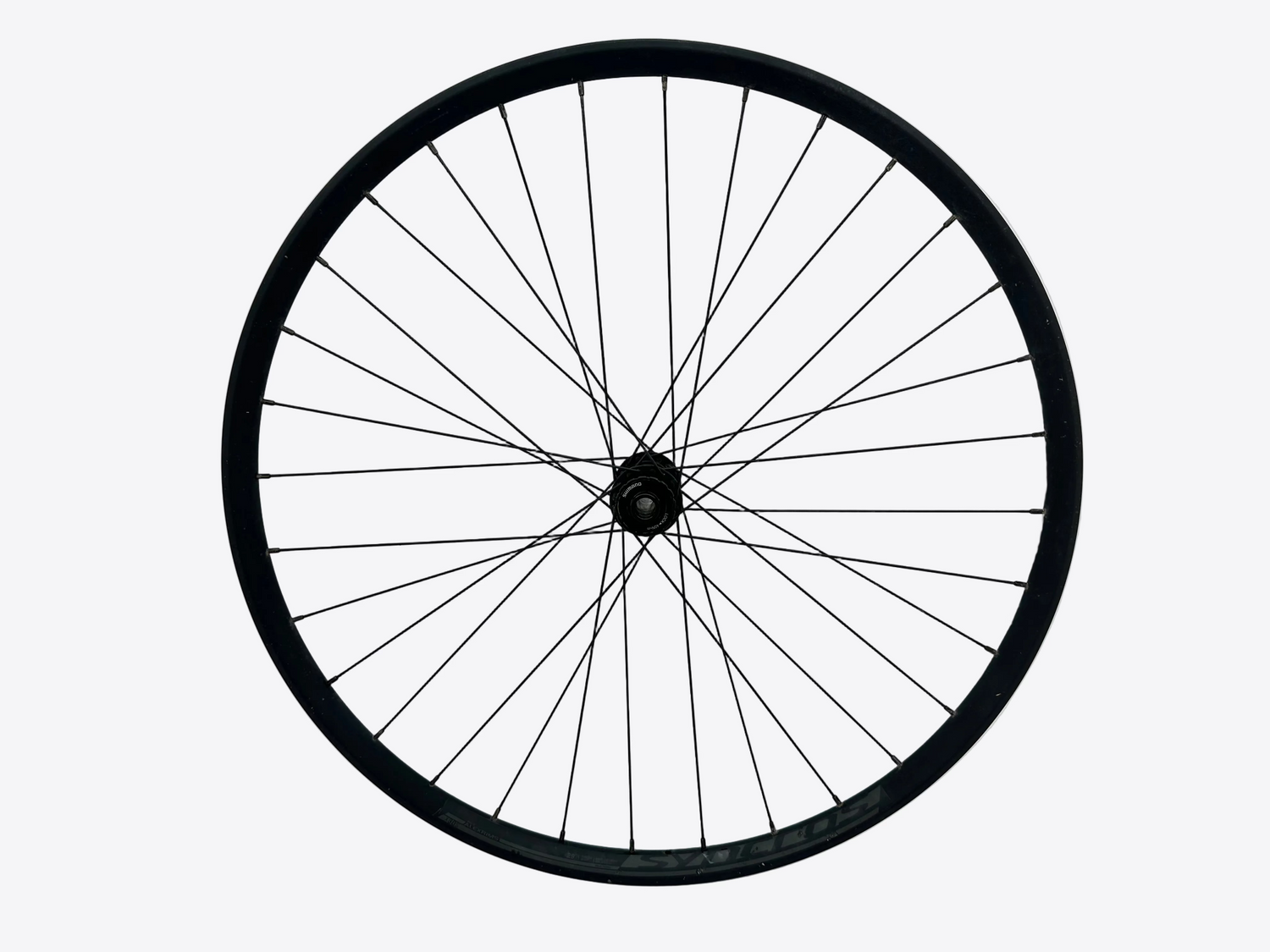 Black bicycle wheel on a white background