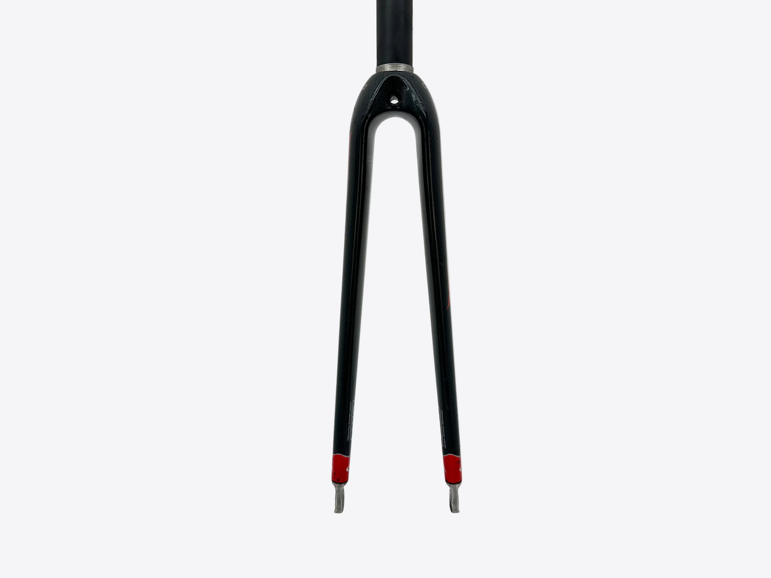 Black bicycle fork with red accents on a white background