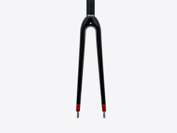 Black bicycle fork with red accents on a white background