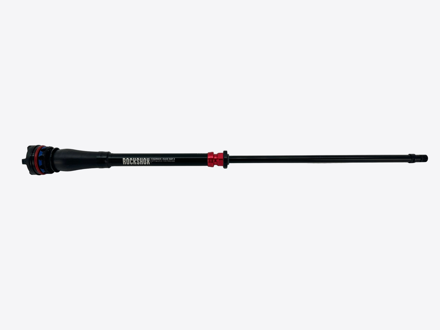 Black mechanical component with red accents on a white background