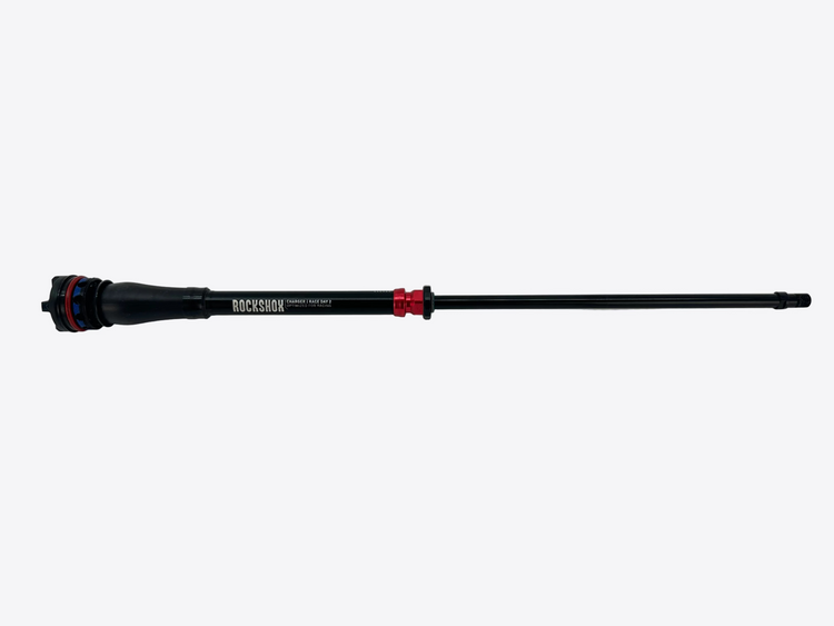 Black mechanical component with red accents on a white background