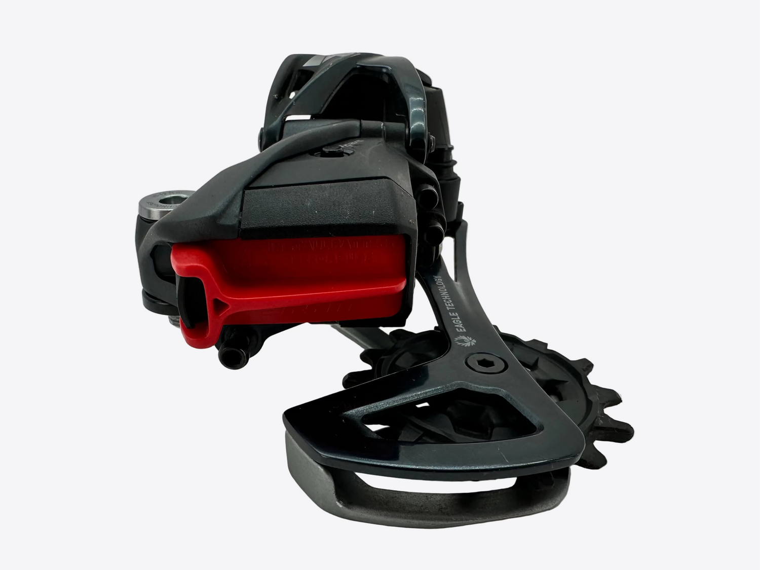 Black and red mechanical component on a white background