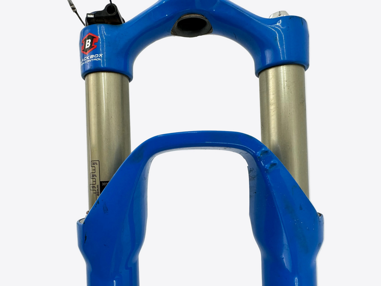 Blue bicycle fork with silver components on a white background