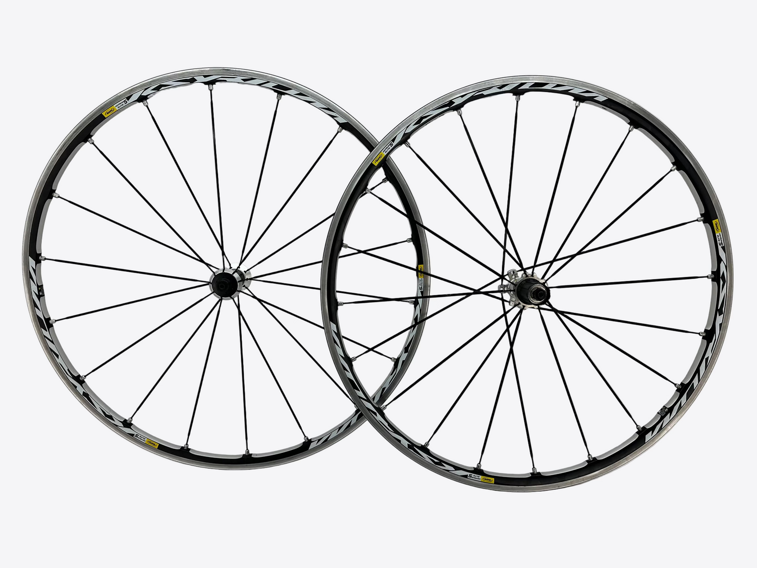 Two bicycle wheels with black spokes on a white background