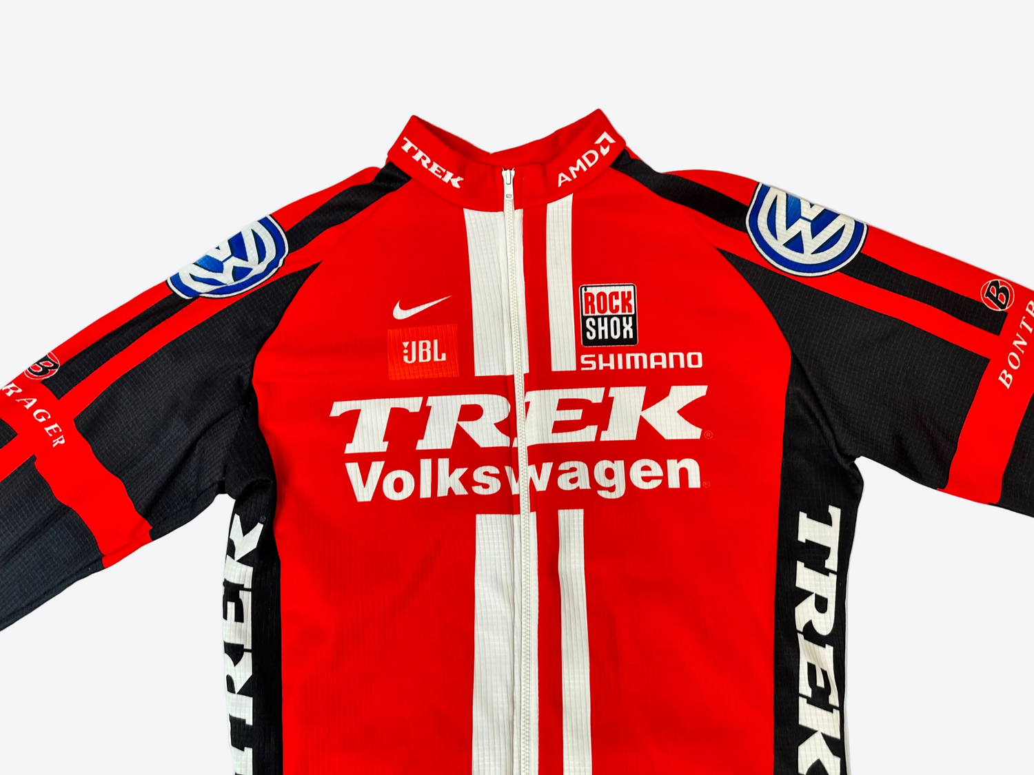 Red and black cycling jersey with various brand logos on a white background