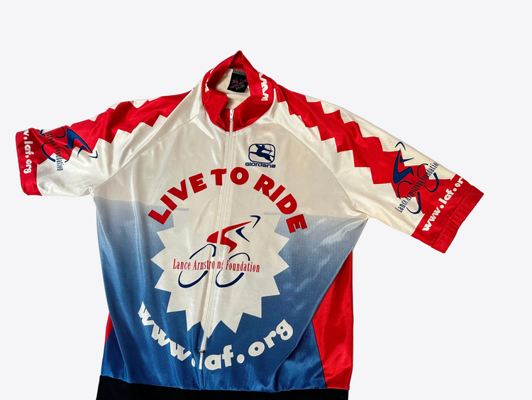 Cycling jersey with 'Live to Ride' and Lance Armstrong Foundation logo on a white background