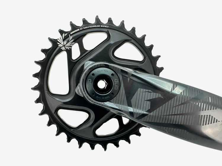 Bicycle crankset with chainring on a white background