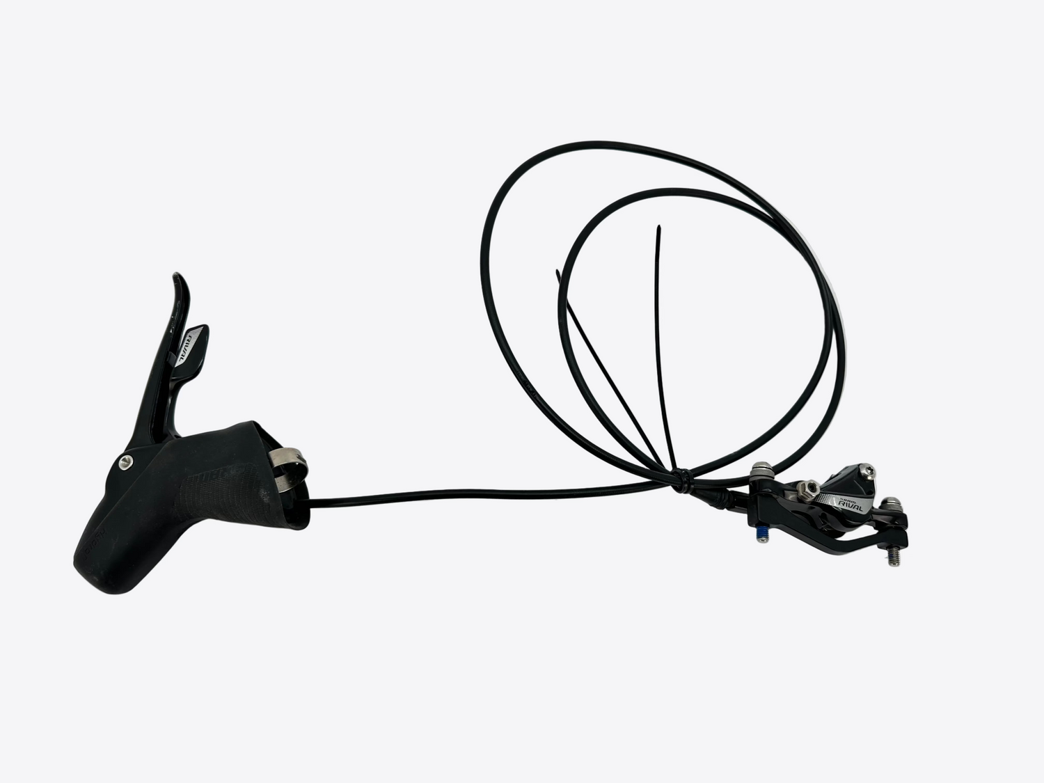 Black bicycle brake lever with cable on a white background