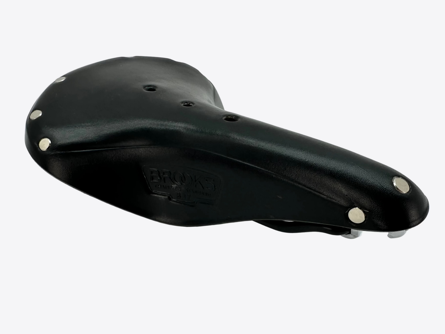 Black bicycle saddle with silver bolts on a white background